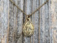 Antiqued Gold Miraculous Medal Pendant on Satellite Chain Necklace, French Antique Replica Medallion, Signed by French Artist Ferdinand PY