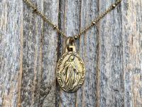 Antiqued Gold Miraculous Medal Pendant on Satellite Chain Necklace, French Antique Replica Medallion, By French Artist Ferdinand PY