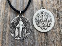 Antiqued Pewter Large French Miraculous Medal, Antique Replica, Pendant Necklace, By artists PCH & JB, Miraculous Medallion from France MM1