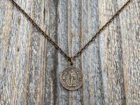 Bronze Small French St Benedict Medal Pendant and Necklace, Antique Replica, Crux Sancti Patris Benedicti, Holy Father Saint Benedict Charm