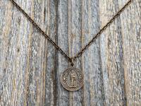 Bronze Small French St Benedict Medal Pendant and Necklace, Antique Replica, Crux Sancti Patris Benedicti, Holy Father Saint Benedict Charm