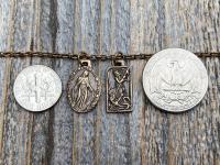 Bronze Saint Michael and/or Miraculous Medal Cluster Pendant Necklace, French Antique Replica Medallions, Signed by PY, Layered Pendants