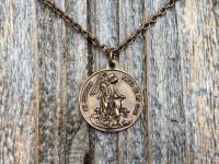 Bronze Saint Michael the Archangel and Guardian Angel Medal Pendant on Necklace, Antique Replica, Rare Two-Sided Angel Medallion Charm M3