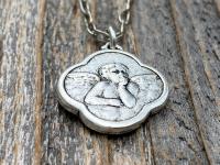 Silver Angel Medal Pendant on Necklace, Reproduction of French Antique Medallion, Quatrefoil Shaped Antique Replica Cherub Putti Charm