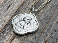 Silver Angel Medal Pendant on Necklace, Reproduction of French Antique Medallion, Quatrefoil Shaped Antique Replica Cherub Putti Charm