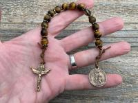 Bronze Chaplet of St Michael the Archangel, Antique Replica Medal, Crucifix and Beads, Yellow Tigereye Gemstones, A Holy Moments Original