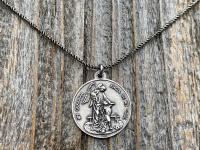 Sterling Silver St Michael the Archangel & GuardianAngel Medal Pendant on Necklace, Antique Replica Rare Two-Sided Protection Medallion, M3