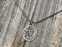 Sterling Silver St Michael the Archangel & GuardianAngel Medal Pendant on Necklace, Antique Replica Rare Two-Sided Protection Medallion, M3
