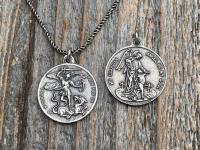 Sterling Silver St Michael the Archangel & GuardianAngel Medal Pendant on Necklace, Antique Replica Rare Two-Sided Protection Medallion, M3