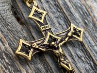 Antiqued Gold Baroque Crucifix, Antique Replica, From Rome Holy See, Pendant on Necklace, Large Crucifix Cross with Open Quattrefoil Ends