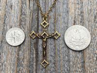 Antiqued Gold Baroque Crucifix, Antique Replica, From Rome Holy See, Pendant on Necklace, Large Crucifix Cross with Open Quattrefoil Ends