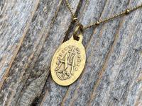 Antiqued Gold Miraculous Medal Pendant on Satellite Chain Necklace, French Antique Replica Medallion, Signed by French Artist Ferdinand PY