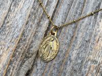 Antiqued Gold Miraculous Medal Pendant on Satellite Chain Necklace, French Antique Replica Medallion, Signed by French Artist Ferdinand PY