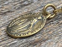 Antiqued Gold Miraculous Medal Pendant on Satellite Chain Necklace, French Antique Replica Medallion, Signed by French Artist Ferdinand PY