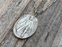 Silver St Peregrine Laziosi Medal Pendant on Paperclip Necklace, Antique Replica, Saint of Cancer, Saint Peregrinus Pellegrino, Pray for Me