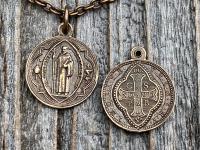 Bronze Small French St Benedict Medal Pendant and Necklace, Antique Replica, Crux Sancti Patris Benedicti, Holy Father Saint Benedict Charm