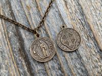 Bronze Small French St Benedict Medal Pendant and Necklace, Antique Replica, Crux Sancti Patris Benedicti, Holy Father Saint Benedict Charm