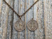 Bronze Small French St Benedict Medal Pendant and Necklace, Antique Replica, Crux Sancti Patris Benedicti, Holy Father Saint Benedict Charm