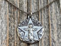 Sterling Silver Christmas Noel Noel Pendant and Necklace, Antique Replica of a Rare French Medallion, Baby Jesus with a Radiant Star, France