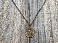 Bronze Saint Michael the Archangel and Guardian Angel Medal Pendant on Necklace, Antique Replica, Rare Two-Sided Angel Medallion Charm M3