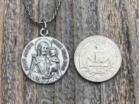 Sterling Silver Saint Joseph French Medal Pendant on Necklace, Antique Replica Medallion, Oratoire St. Joseph, Mont Royal, Montreal Quebec