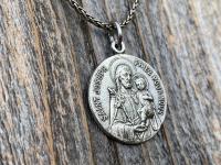 Sterling Silver Saint Joseph French Medal Pendant on Necklace, Antique Replica Medallion, Oratoire St. Joseph, Mont Royal, Montreal Quebec