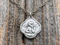 Silver Angel Medal Pendant on Necklace, Reproduction of French Antique Medallion, Quatrefoil Shaped Antique Replica Cherub Putti Charm