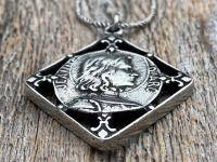 Antiqued Pewter St Joan of Arc Medal Pendant on Necklace, Antique Replica of Rare French Medal, St Jeanne d'Arc Medallion with Fleur de Lis