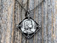 Antiqued Pewter St Joan of Arc Medal Pendant on Necklace, Antique Replica of Rare French Medal, St Jeanne d'Arc Medallion with Fleur de Lis