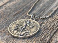 Sterling Silver St Michael the Archangel & GuardianAngel Medal Pendant on Necklace, Antique Replica Rare Two-Sided Protection Medallion, M3