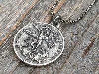 Sterling Silver St Michael the Archangel & GuardianAngel Medal Pendant on Necklace, Antique Replica Rare Two-Sided Protection Medallion, M3