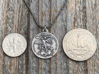 Sterling Silver St Michael the Archangel & GuardianAngel Medal Pendant on Necklace, Antique Replica Rare Two-Sided Protection Medallion, M3