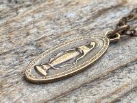 Bronze Latin Miraculous Medal Pendant and Necklace, Antique Replica of French Miraculous Medallion, Elongated Oval Shape Blessed Virgin Mary