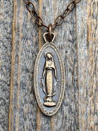 Bronze Latin Miraculous Medal Pendant and Necklace, Antique Replica of French Miraculous Medallion, Elongated Oval Shape Blessed Virgin Mary