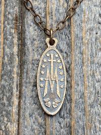 Bronze Latin Miraculous Medal Pendant and Necklace, Antique Replica of French Miraculous Medallion, Elongated Oval Shape Blessed Virgin Mary