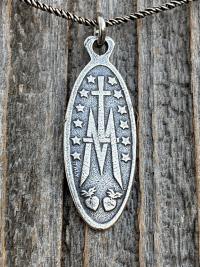 Sterling Silver Latin Miraculous Medal Pendant and Necklace, Antique Replica of French Miraculous Medallion, Elongated Oval Shaped Charm