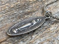 Sterling Silver Latin Miraculous Medal Pendant and Necklace, Antique Replica of French Miraculous Medallion, Elongated Oval Shaped Charm