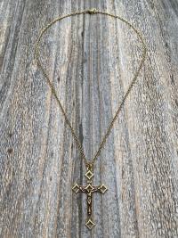 Antiqued Gold Baroque Crucifix, Antique Replica, From Rome Holy See, Pendant on Necklace, Large Crucifix Cross with Open Quattrefoil Ends