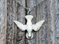 Silver Holy Spirit Dove Pendant and Necklace, Antique Replica of French Holy Spirit Charm, Descending Dove Medallion from France, Holy Ghost