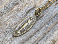 Antiqued Gold Latin Miraculous Medal Pendant and Necklace, Antique Replica of French Miraculous Medallion, Elongated Oval Shape Virgin Mary