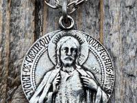 Antiqued Pewter Scapular Pendant on Necklace, Antique Replica of French Artist Tricard Medallion, Sacred Heart of Jesus Our Lady Mt Carmel