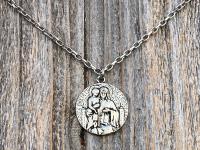 Antiqued Pewter Scapular Pendant on Necklace, Antique Replica of French Artist Tricard Medallion, Sacred Heart of Jesus Our Lady Mt Carmel