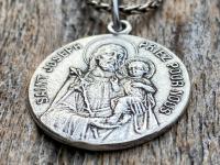 Sterling Silver Saint Joseph French Medal Pendant on Necklace, Antique Replica Medallion, Oratoire St. Joseph, Mont Royal, Montreal Quebec