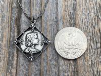 Antiqued Pewter St Joan of Arc Medal Pendant on Necklace, Antique Replica of Rare French Medal, St Jeanne d'Arc Medallion with Fleur de Lis