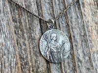 Sterling Silver St Charles Borromeo Medal and Necklace, By French Artist Tricard, Antique Replica, Patron Saint of Stomach Ailments Dieting