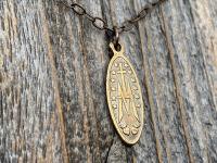Bronze Latin Miraculous Medal Pendant and Necklace, Antique Replica of French Miraculous Medallion, Elongated Oval Shape Blessed Virgin Mary