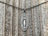 Sterling Silver Latin Miraculous Medal Pendant and Necklace, Antique Replica of French Miraculous Medallion, Elongated Oval Shaped Charm