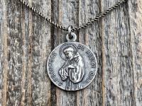 Sterling Silver St Francis of Assisi Blessing Medal Pendant on Necklace, Antique Replica of French Latin Medallion, May the Lord Bless You