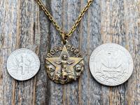 Antiqued Gold Christmas Noel Pendant and Necklace, Antique Replica of a Rare French Medallion, Baby Jesus with a Radiant Star, from France