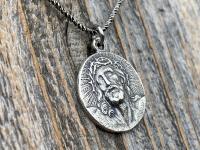 Sterling Silver Our Savior Jesus Christ Medallion on Necklace, Antique Replica of French Pendant, Reverses to a Jerusalem Crusaders Cross